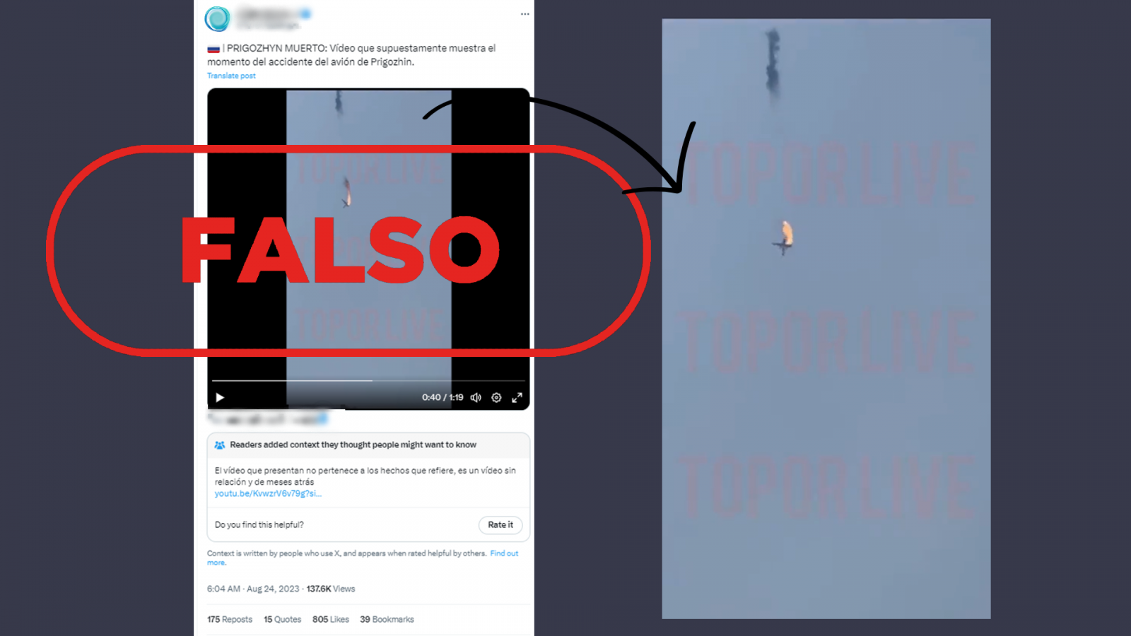 Mensaje de Twitter que difunde un vídeo antiguo que no guarda relación con la muerte del líder del grupo Wagner, con el sello de Falso en rojo