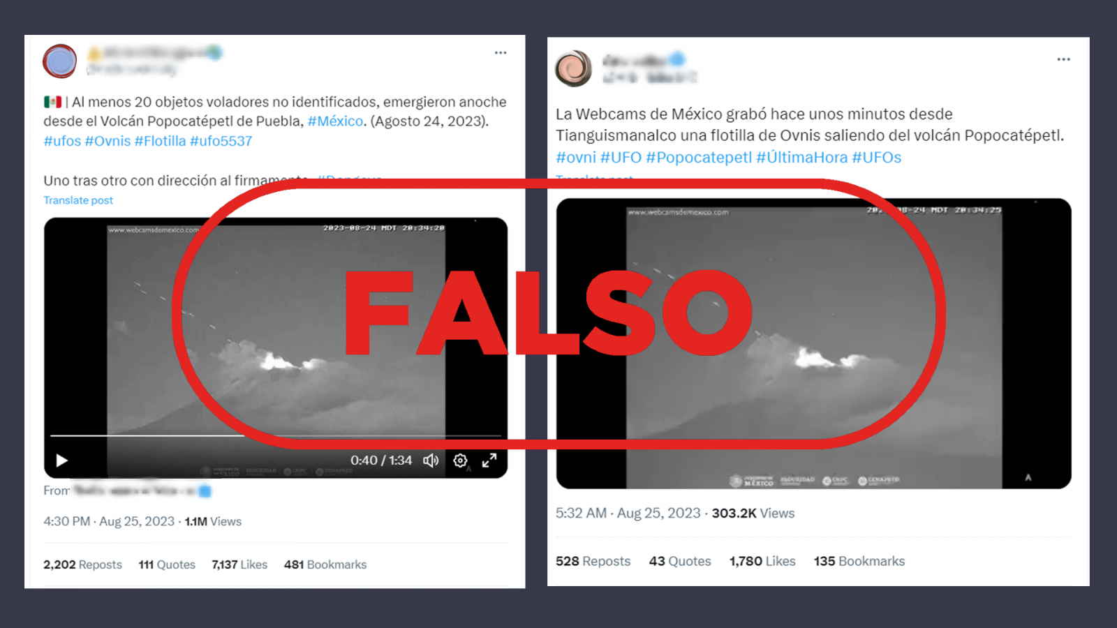 Mensajes de Twitter que difunden la falsa idea de que el 24 de agosto salieron ovnis del volcán Popocatépetl en México, con el sello Falso en rojo