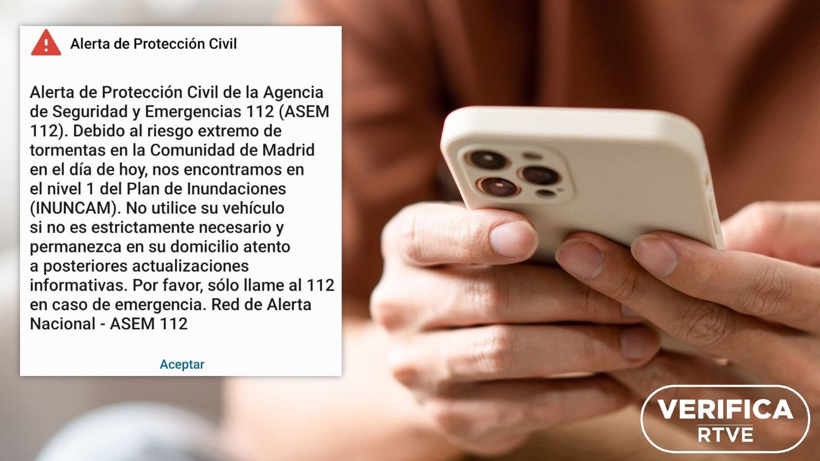 Captura de la alerta por inundaciones que envió Protección Civil a los habitantes de la Comunidad de Madrid el 3 de septiembre de 2023. Con sello VerificaRTVE en blanco.