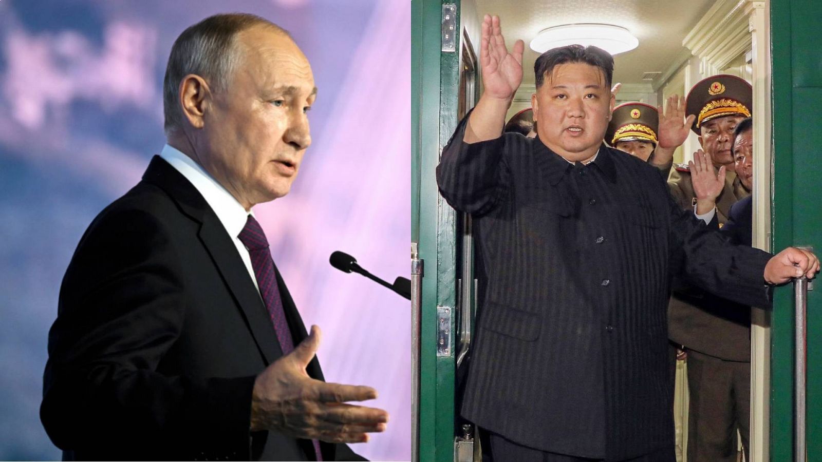 A la izquierda, el presidente ruso, Vladímir Putin, hablando en Vladivostok, el 11 de septiembre. A la derecha, el líder norcoreano, Kim Jong-un, toma el tren que le lleva a Rusia, el 10 de septiembre. Fuente: Pavel Bednyakov, Sputnik, Kremlin vía AP