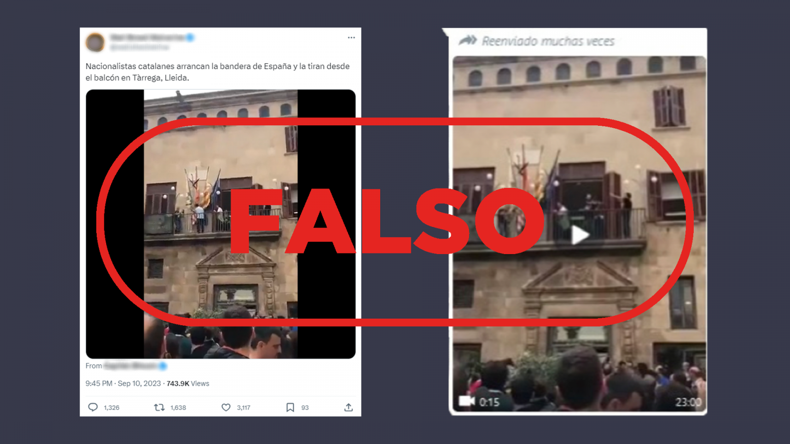 Mensajes en redes sociales que difunden el vídeo antiguo como si fuese actual, con sello Falso en rojo.