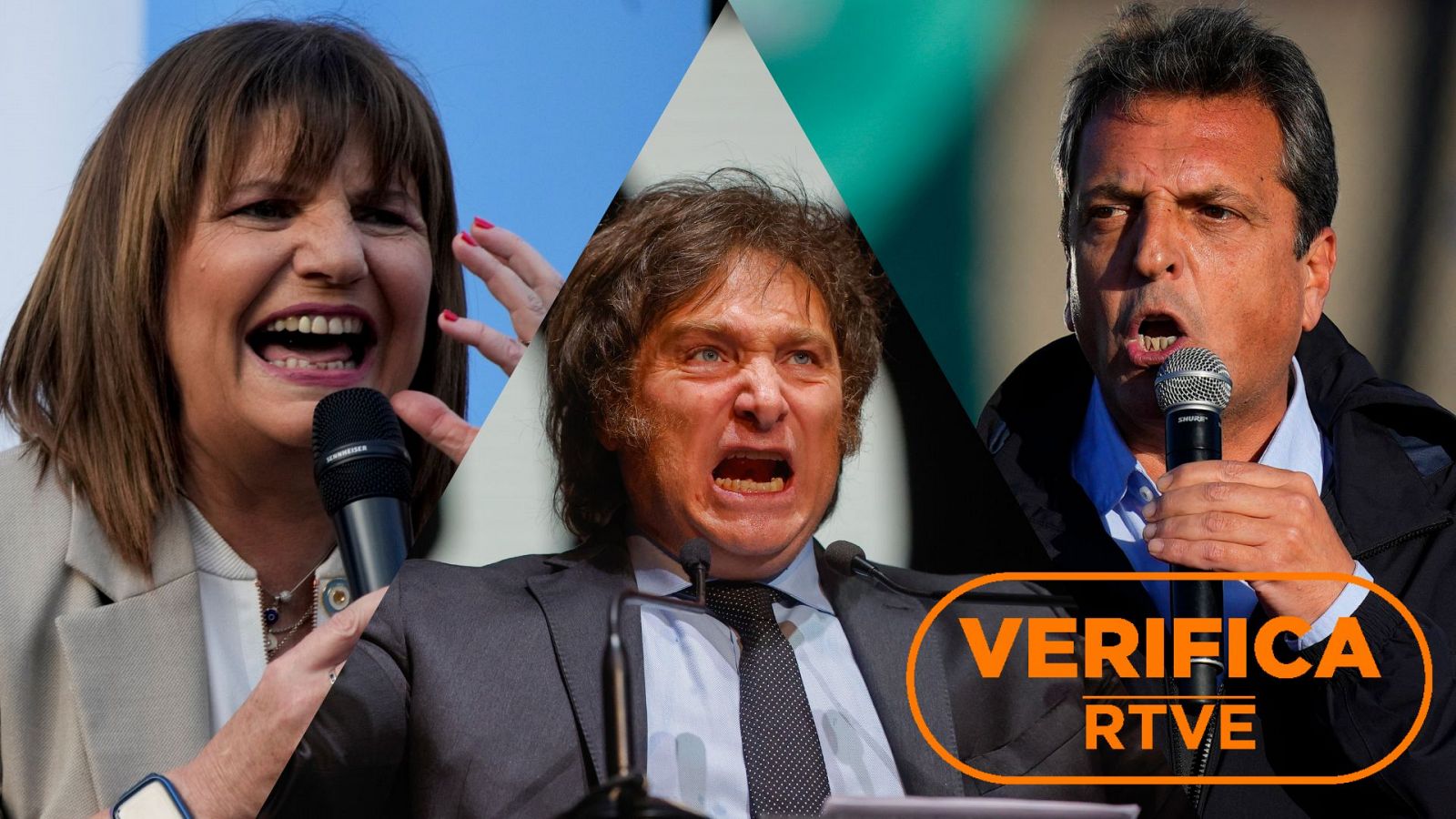 Elecciones presidenciales Argentina 2023: los candidatos Bullrich, Milei y Massa durante la campaña electoral. Con el sello VerificaRTVE en naranja.