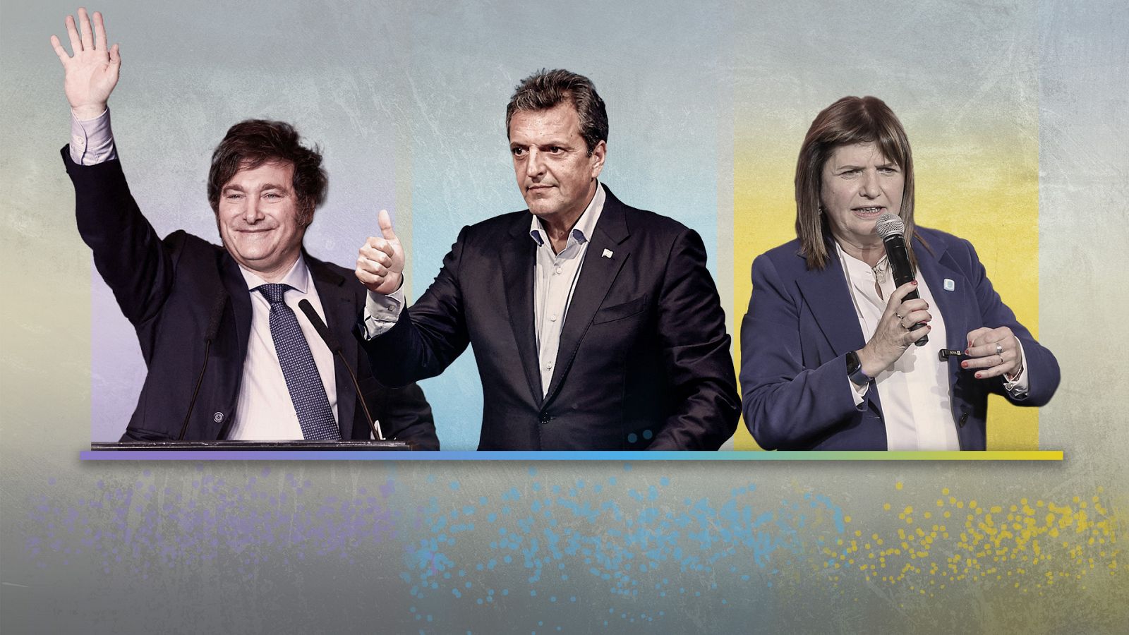 Los candidatos en las elecciones argentinas Javier Milei, Sergio Massa y Patricia Bullrich