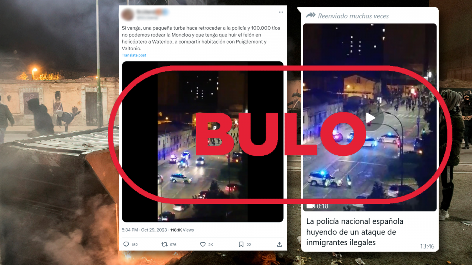 No es un ataque de migrantes a la Policía: mensajes de redes que difunden como actual un vídeo de 2020 de disturbios en Burgos por el confinamiento, con el sello Bulo en rojo de VerificaRTVE.