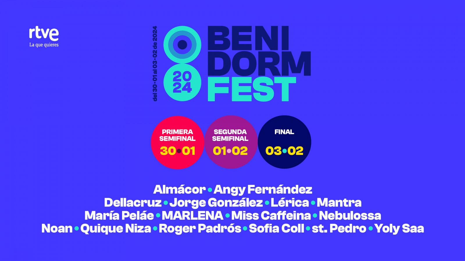 Logotipo del Benidorm Fest 2024 con nombres de los 16 artistas seleccionados