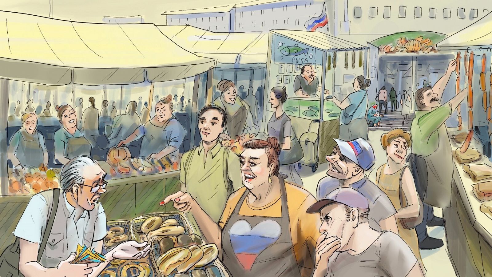 Un mercado local en un territorio ocupado por Rusia en Ucrania