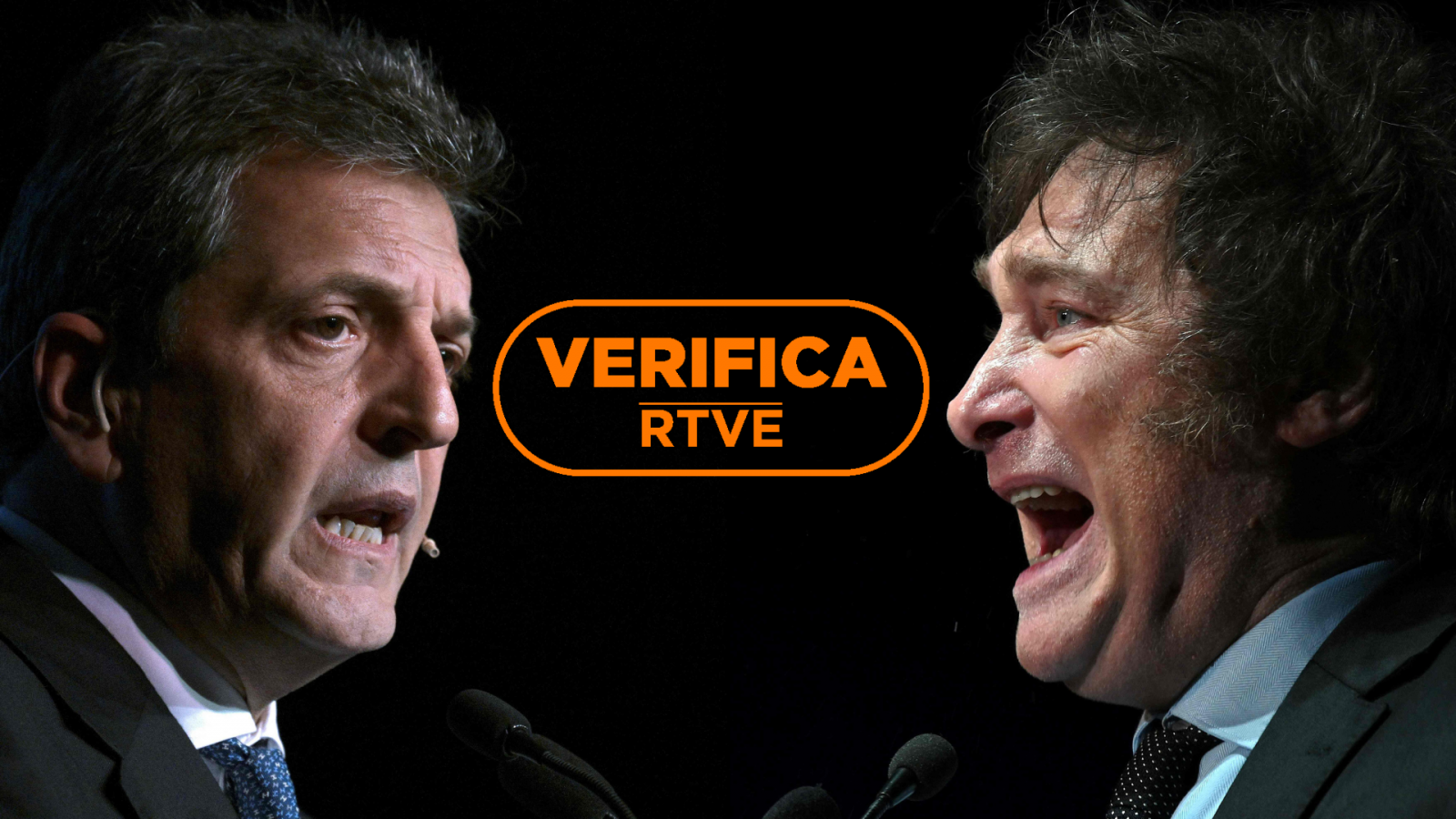 Balotaje Elecciones Argentina 2023: Massa y Milei durante el último debate. Con el sello VerificaRTVE en color naranja