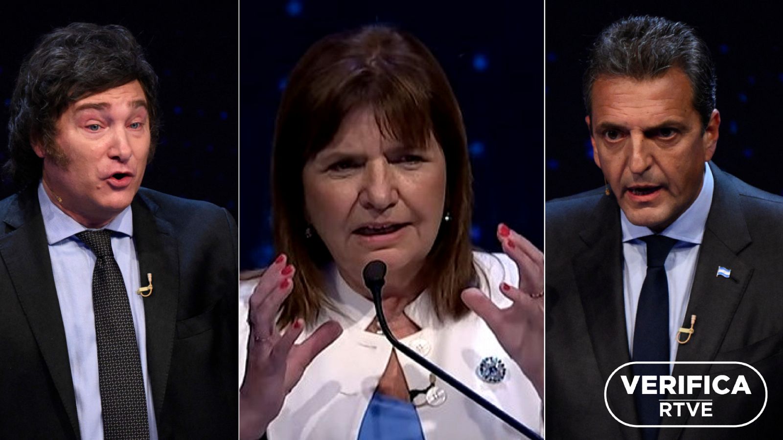 Elecciones Argentina 2023: Los candidatos presidenciales Massa y Milei junto a Patricia Bullrich con el sello de VerificaRTVE en blanco