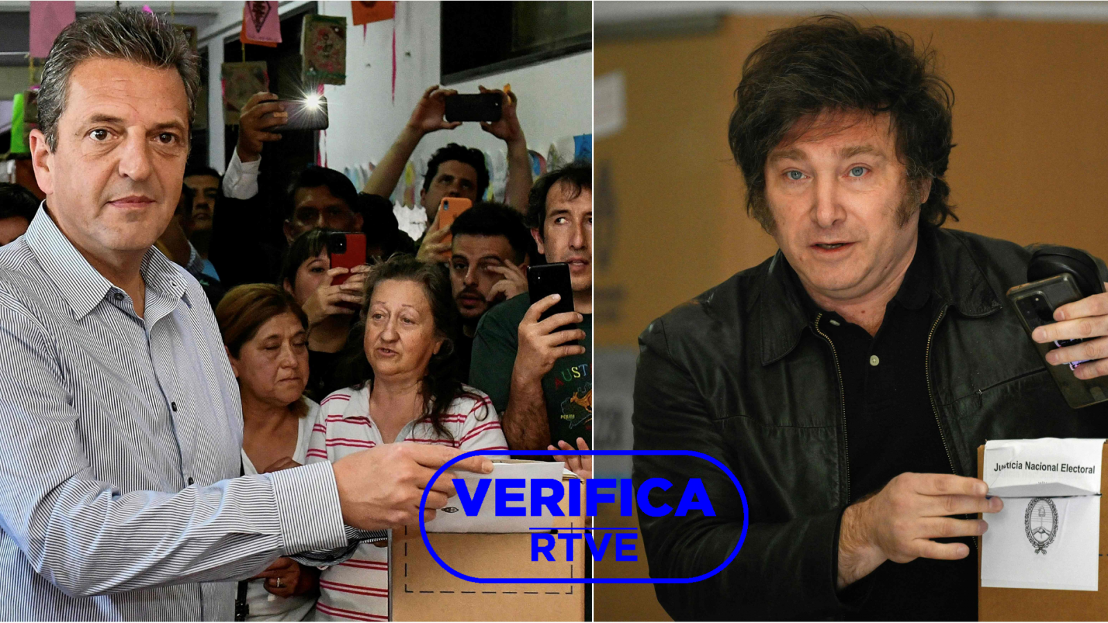 Balotaje Elecciones Argentina 2023: Massa y Milei emitiendo su voto en un colegio electoral, con el sello de VerificaRTVE en azul