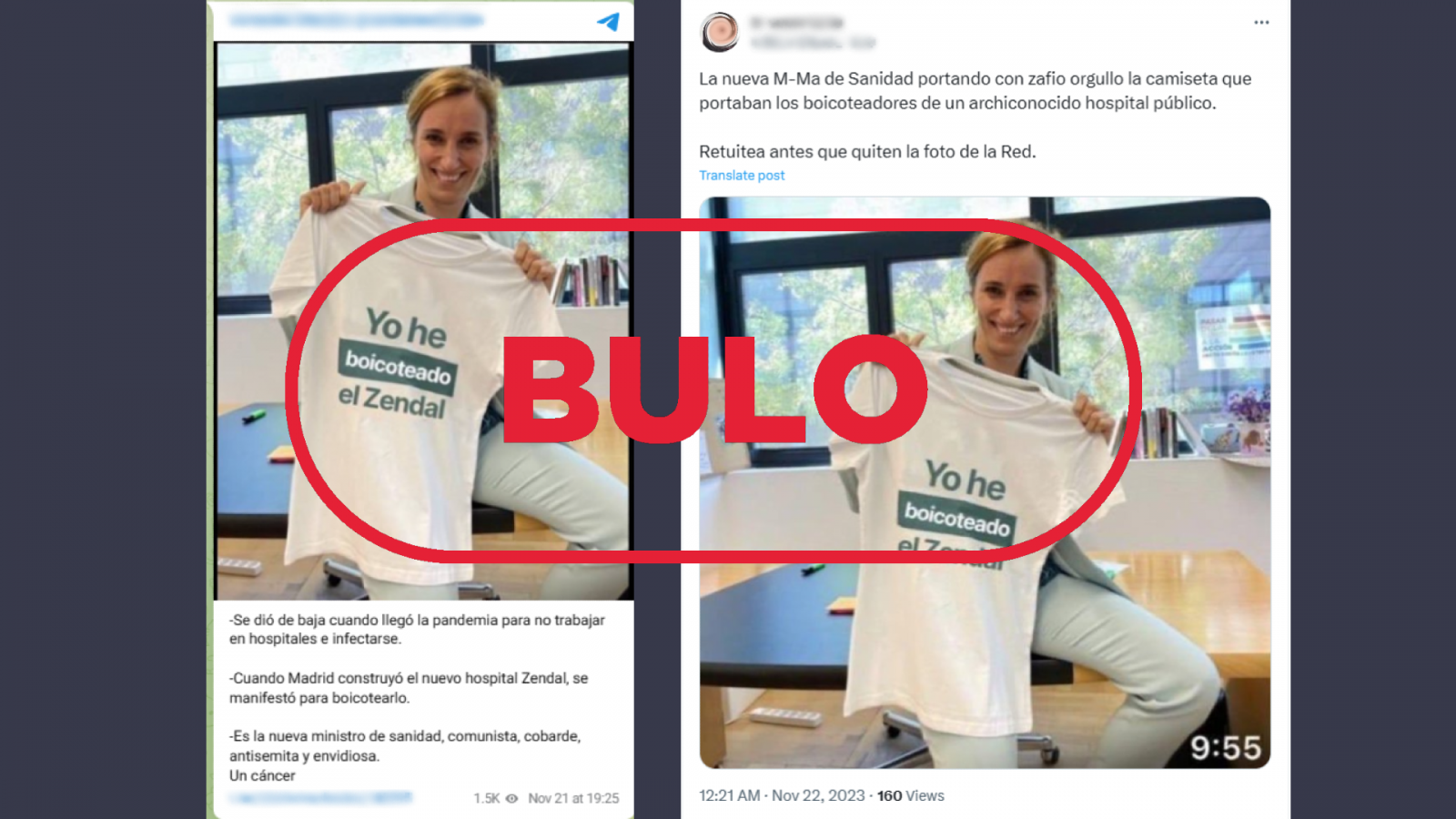 Esta foto de Mónica García con una camiseta que dice 'yo he boicoteado el Zendal' es falsa, con el sello Bulo en rojo
