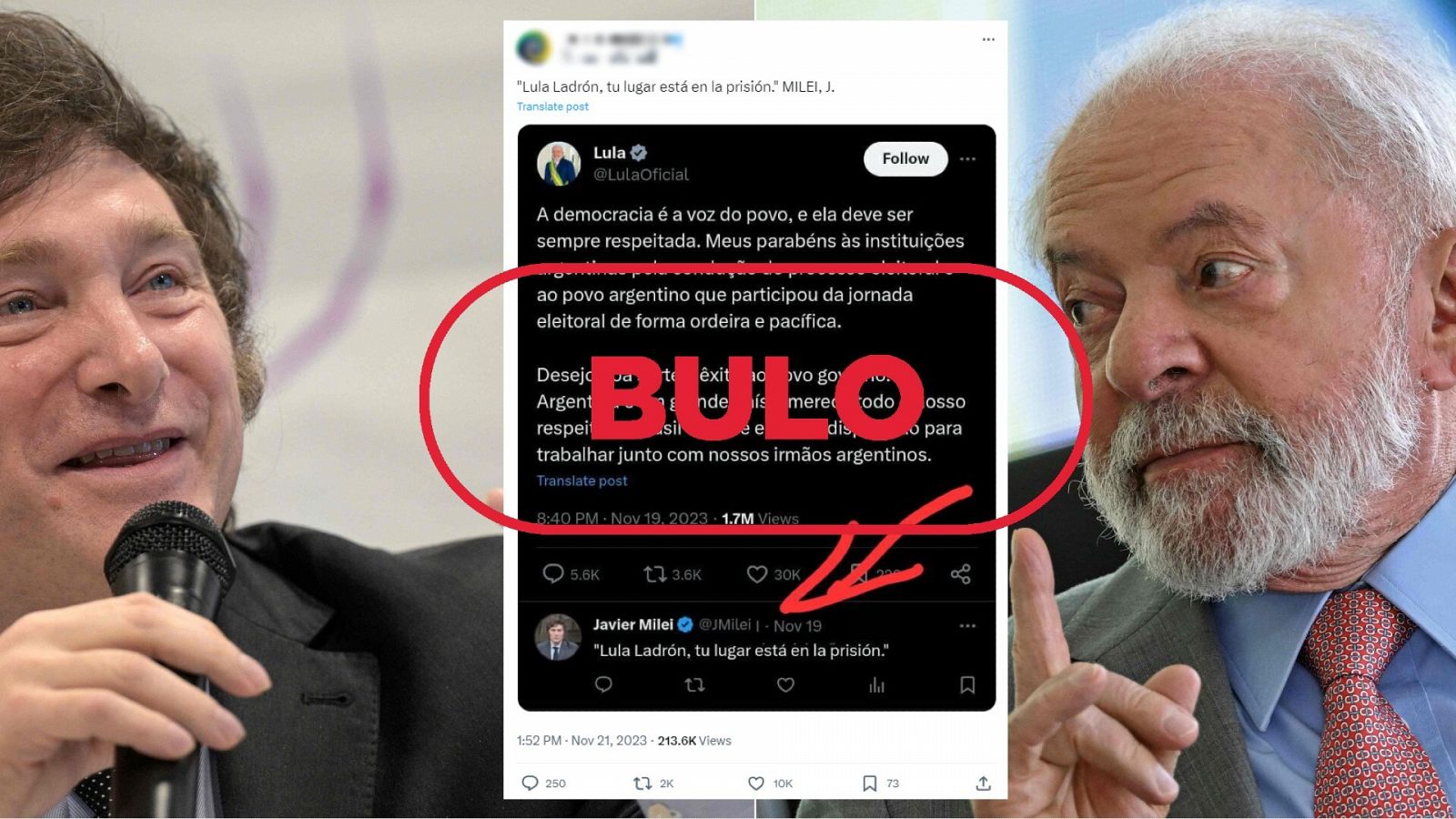 Este mensaje de Milei en X insultando a Lula da Silva es un montaje, con el sello bulo en rojo y de fondo un combo con Javier Milei y Lula da Silva.