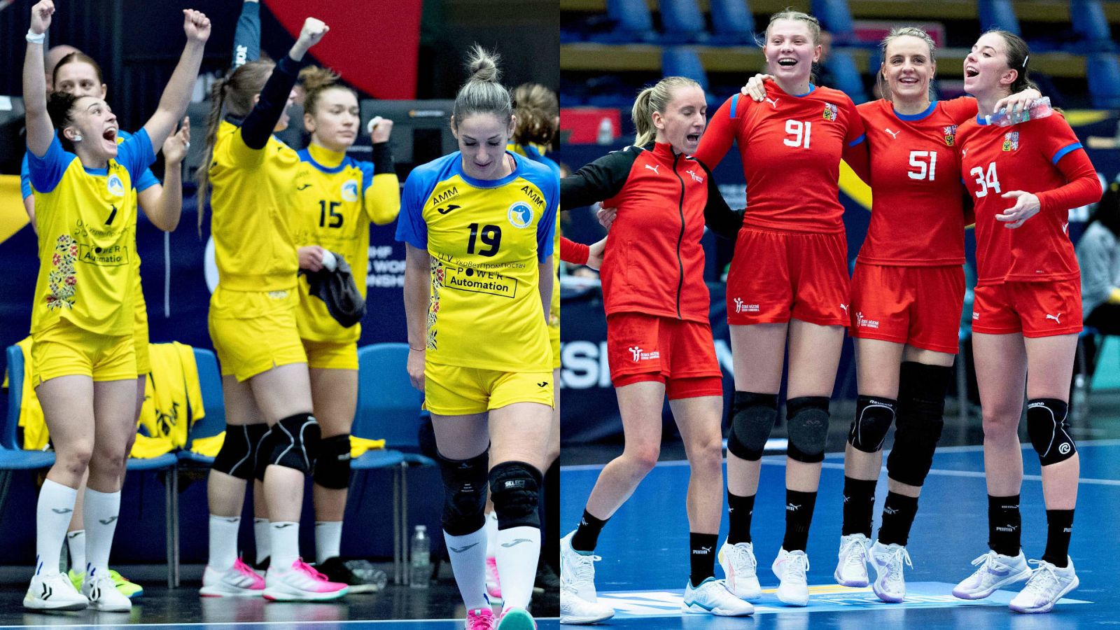 Jugadoras de las selecciones de Ucrania (izquierda) y la República Checa durante el Mundial de balonmano en una fotocomposición