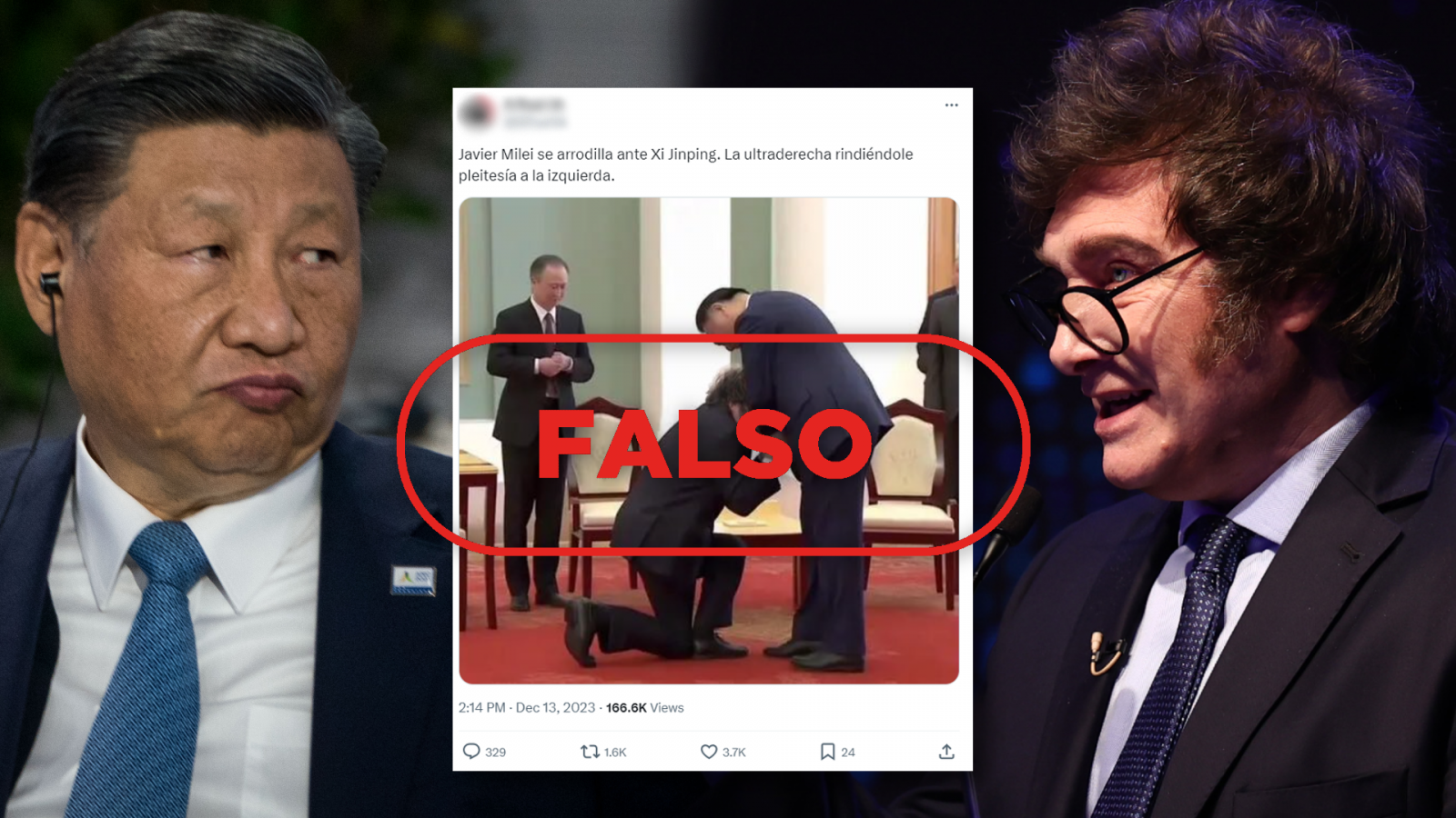 Milei ante Xi Jinping: El presidente argentino no se ha arrodillado ante el mandatario chino, la imagen es un montaje, con sello Falso en rojo de VerificaRTVE