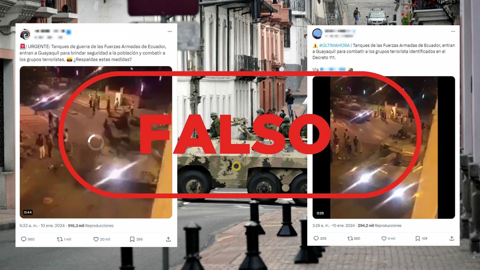Conflicto armado en Ecuador: este vídeo de tanques es antiguo y no está grabado en Guayaquil, con el sello Falso en rojo