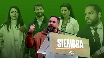 El presidente de Vox, Santiago Abascal, y otros líderes del partido: Macarena Olona, Juan García-Gallardo, Rocío Monasterio e Ignacio Garriga.