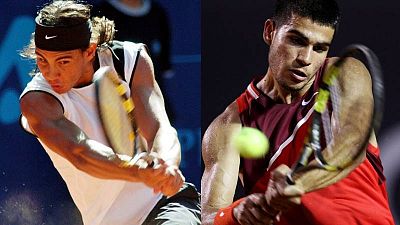 Fotomontaje con imágenes de Rafa Nadal y Carlos Alcaraz. Fotomontaje con imágenes de Rafa Nadal y Carlos Alcaraz.