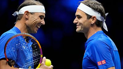 Roger Federer y Rafa Nadal, durante el primer partido de dobles de la Laver Cup 2022. Roger Federer y Rafa Nadal, durante el primer partido de dobles de la Laver Cup 2022.