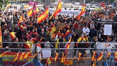 Decenas de personas con banderas españolas se concentran ante el Congreso
