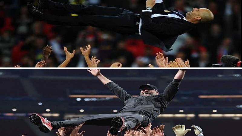 Imagen: Arriba, Guardiola es manteado. Abajo, Jurgen Klopp Imagen: Arriba, Guardiola es manteado. Abajo, Jurgen Klopp