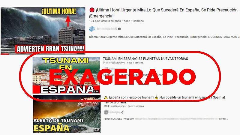 Varios vídeos con titulares clickbait alarman sobre un posible tsunami en España con el sello exagerado Varios vídeos con titulares clickbait alarman sobre un posible tsunami en España con el sello exagerado