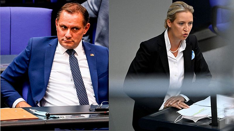 Los candidatos de AfD a las elecciones en Alemania: Alice Widel (derecha) y Tino Chruppalla. Foto: (Chrupalla) EFE/EPA/FILIP SINGER / - (Weidel) John MACDOUGALL / AFP