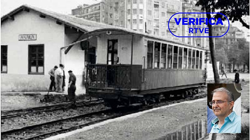 La estación de tren de Amara (San Sebastián) con una imagen superpuesta del documentalista de RTVE Manuel Aguilar en la parte inferior derecha, con el sello azul de VerificaRTVE
