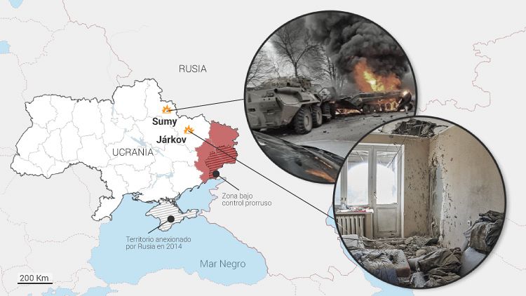 Dos puntos clave de la ofensiva rusa en Ucrania, en un mapa.