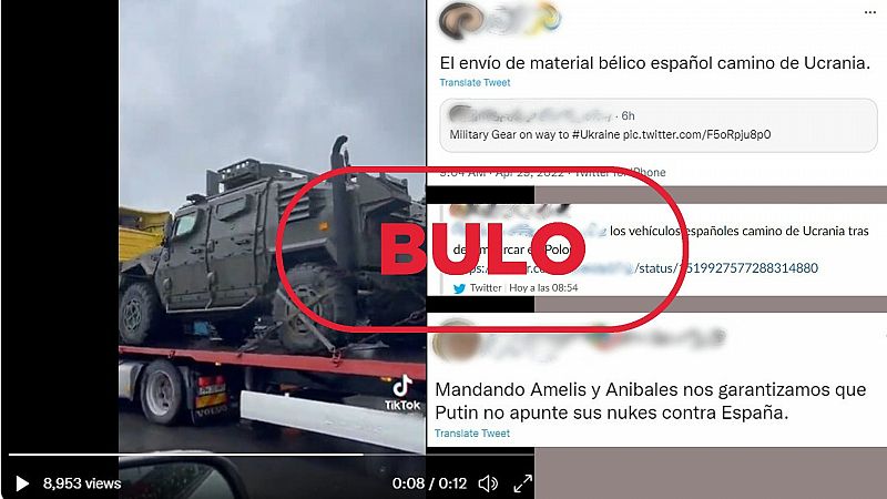 Mensajes de redes que dicen que un vídeo de vehículos muestra el armamento enviado por España a Ucrania, con el sello bulo en rojo de VerificaRTVE