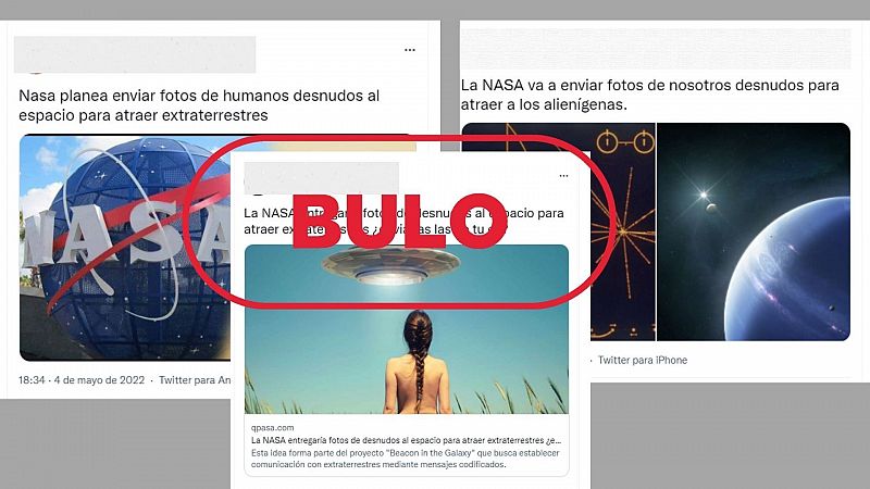 Mensajes de Twitter que dicen que la NASA enviará fotos de desnudos al espacio, con el sello bulo en rojo de VerificaRTVE