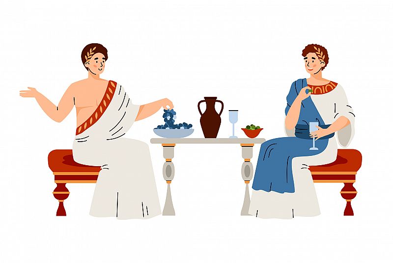 Ciudadanos de la Antigua Roma a la mesa, comiendo