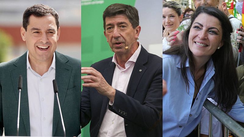 Los candidatos del PP, Juanma Moreno; de Ciudadanos, Juan Marín; y de Vox, Macarena Olona.