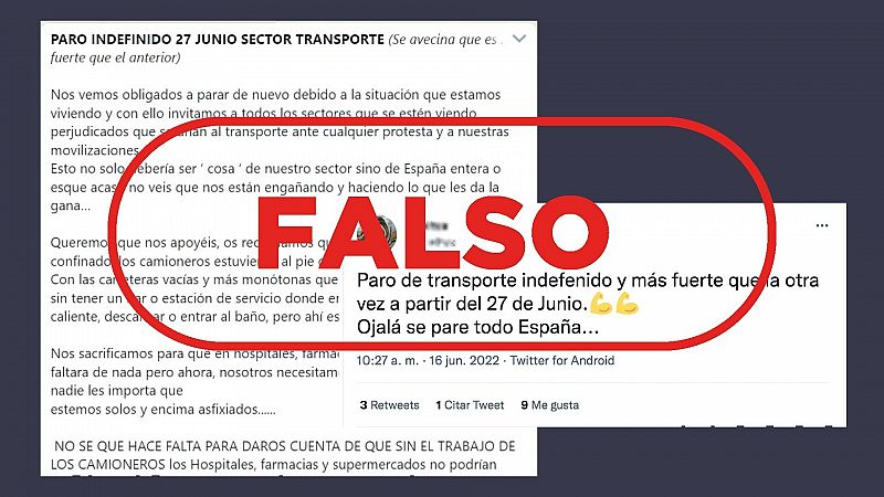 Cadena de WhatsApp que anuncia una supuesta nueva convocatoria de paro indefinido en el sector del transporte en España con el sello falso.