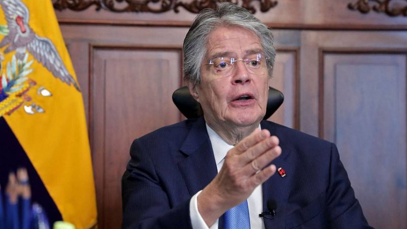 El presidente ecuatoriano Guillermo Lasso hablando en el palacio de Carondelet en Quito el 28 de junio de 2022.