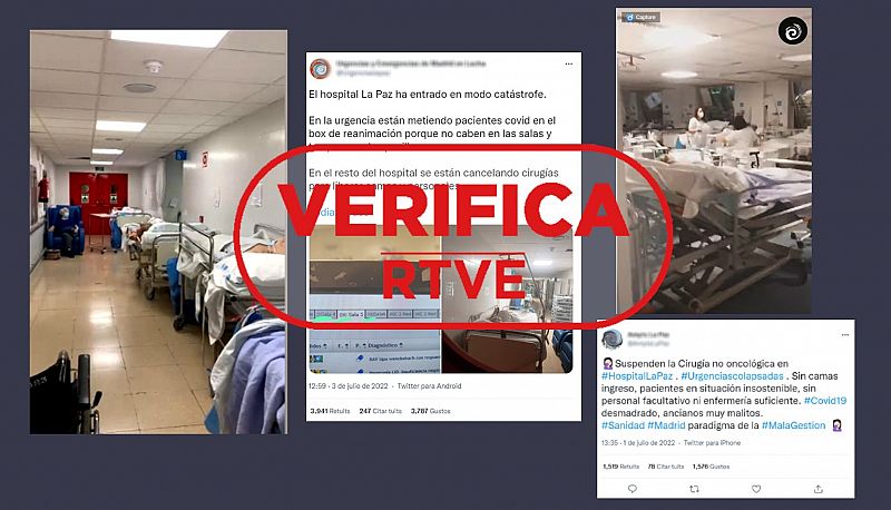 Mensajes en redes aseguran que hay saturación en el Hospital Universitario La Paz, con el sello de VerificaRTVE en rojo.