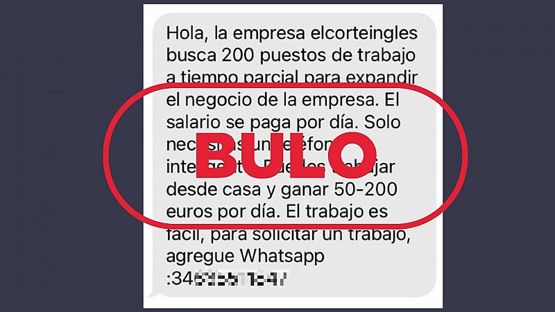 Imagen del mensaje de móvil que anuncia una falsa oferta laboral supuestamente del grupo El Corte Inglés, con el sello 'Bulo' en rojo