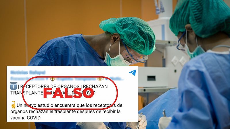 Imagen de recurso de dos medicos en quirófano. Sobre esta, el mensaje de Telegram ue difunde la falsa idea de que las personas trasplantadas rechazan el órgano tras recibir la vacuna anticovid. Con el sello falso