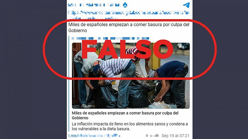 Captura de imagen que difunde el bulo de que miles de españoles han comenzado a comer basura, con el sello de falso de VerificaRTVE
