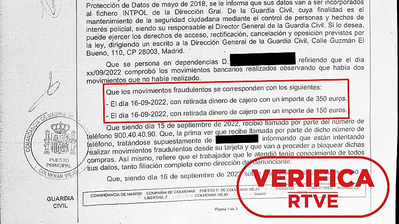 Captura de la denuncia interpuesta por la víctima de fraude tras recibir una llamada que suplanta el teléfono real de su banco. Con el sello VerificaRTVE.