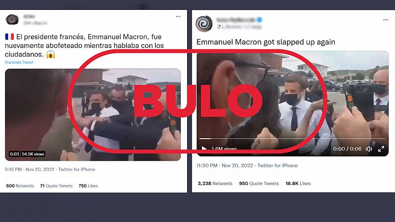 Dos mensajes que reproducen el bulo del vídeo de la agresión a Macron, con el sello 'Bulo' en rojo