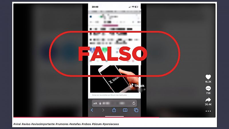 Vídeo de TikTok que difunde el audio que alerta de una falsa estafa a través de Bizum con el sello: Falso