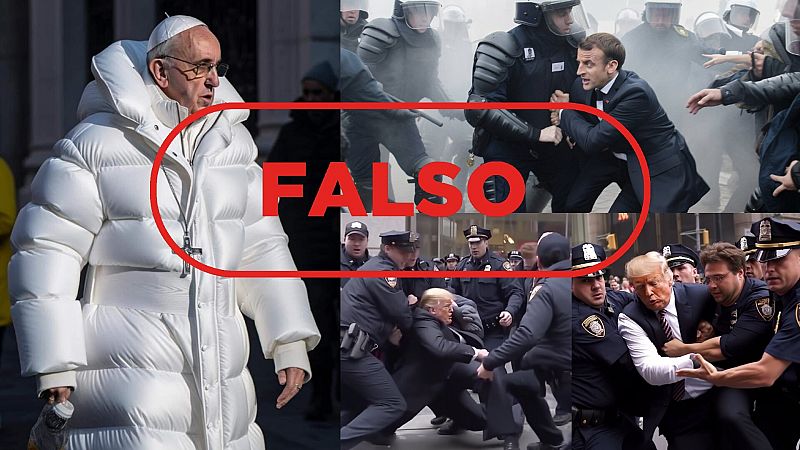 Imágenes falsas creadas por Inteligencia Artificial del papa Francisco, el presidente francés Emmanuel Macron y el expresidente de los EE.UU. Donald Trump. Con el sello falso.
