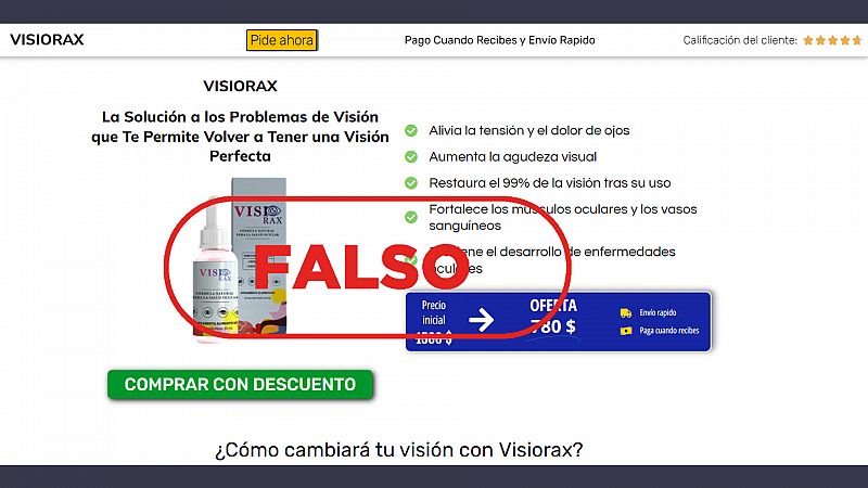 Portal web que promociona la venta de un falso remedio que promete "volver a tener una visión perfecta", con el sello Falso en rojo