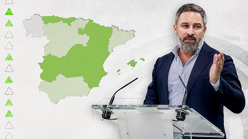 La mancha verde de intensidad del apoyo municipal al partido de Santiago Abascal ha ido creciendo.