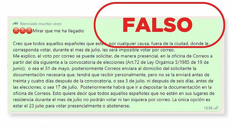 Mensaje en WhatsApp que difunde la falsa idea de que los españoles que no estén en su lugar de residencia en julio no podrán solicitar el voto por correo el 23J. Con el sello falso en rojo.