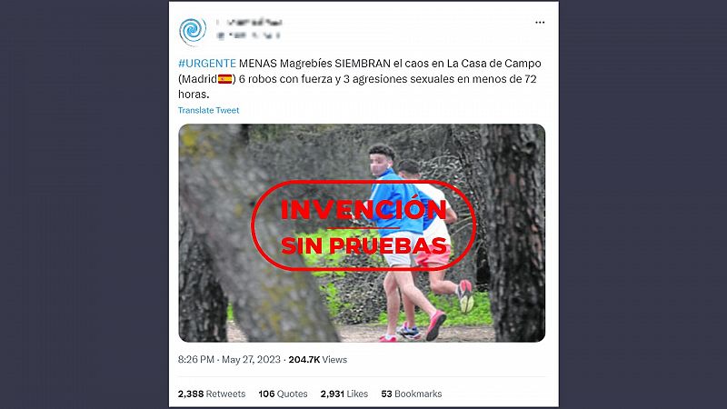 El tuit que atribuye delitos sexuales a menores migrantes no acompañados en Madrid de los que no hay pruebas, con el sello 'Invención Sin Pruebas' en rojo