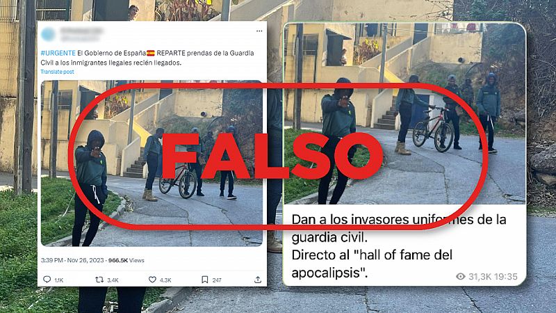 Migrantes con uniformes de la Guardia Civil: el Gobierno de España no los reparte, con el sello falso en rojo de VerificaRTVE