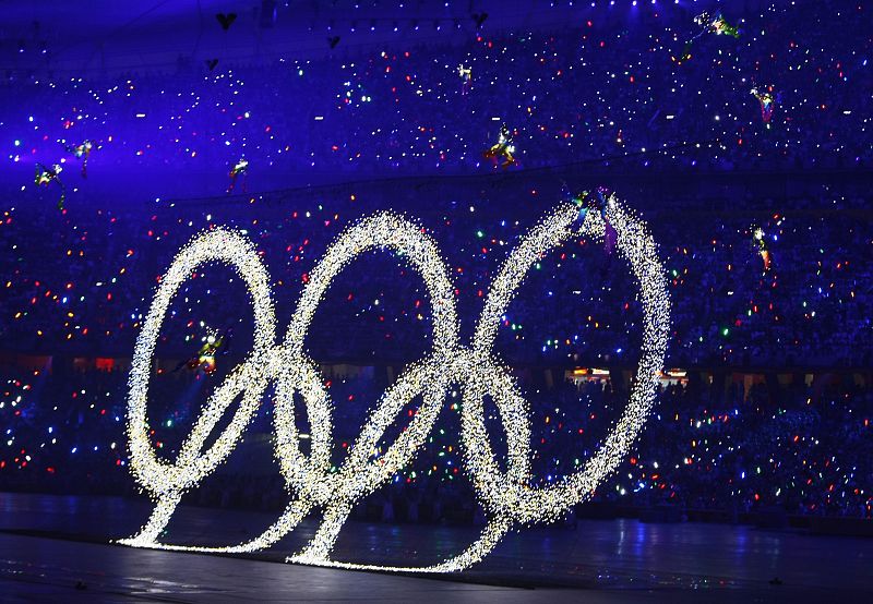 The Olympic Rings are raised during the opening ceremony of the Beijing 2008 Olympic Games at the National Stadium