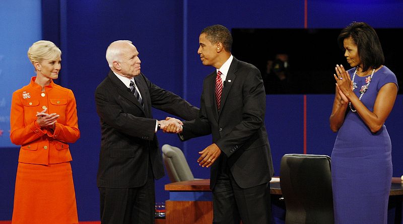 Obama and McCain stand with their wives as they conclude their presidential debate at Hofstra University in Hempstead, New York