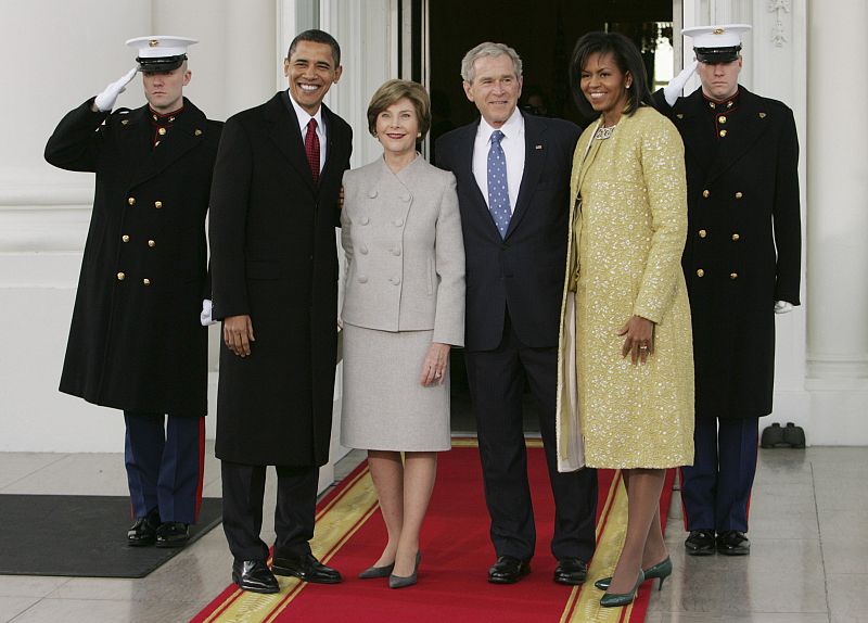 U.S. President George W. Bush greets U.S. President-elect Barack Obama in front of the White House in Washington