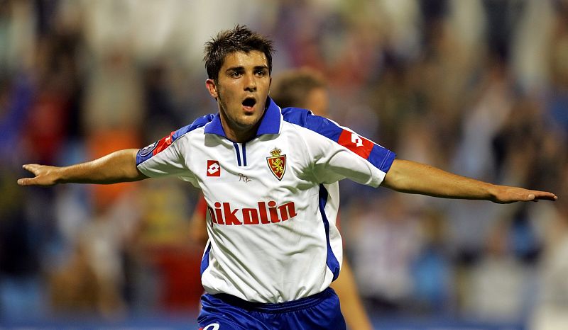 Zaragoza's Villa celebrates afer scoring against Utrecht during UEFA Cup match in Zaragoza.